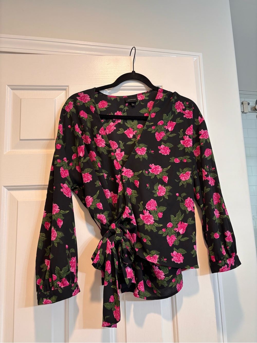 Who What Wear Black Wrap Blouse with Hot Pink Floral Print